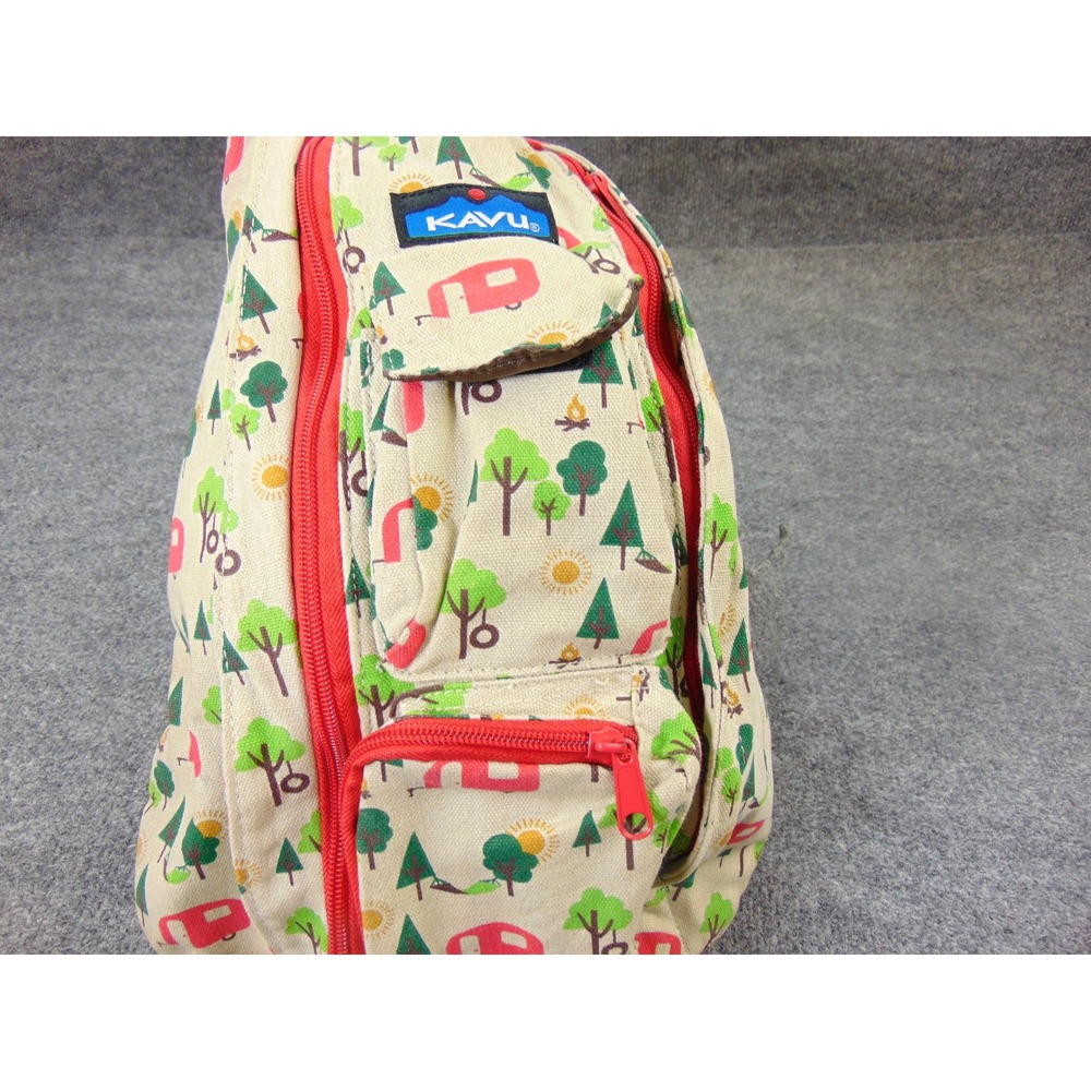 KAVU Rope Bag Sling Backpack Tan Red Camping Camper Print Crossbody Bag